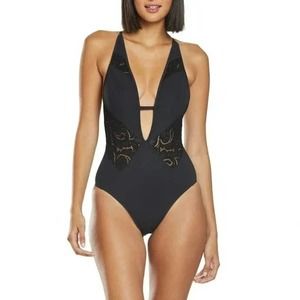 Amoressa by Miraclesuit Arabia One Piece Lace Cut Out Black Swimsuit Size 10 EUC